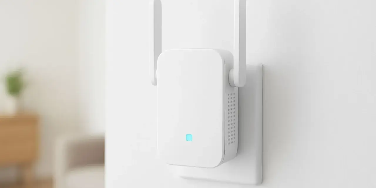 Biały wzmacniacz Wi-Fi z antenkami, podłączony do gniazdka. Pokazuje, jak działa wzmacniacz Wi-Fi, rozszerzając zasięg sieci.