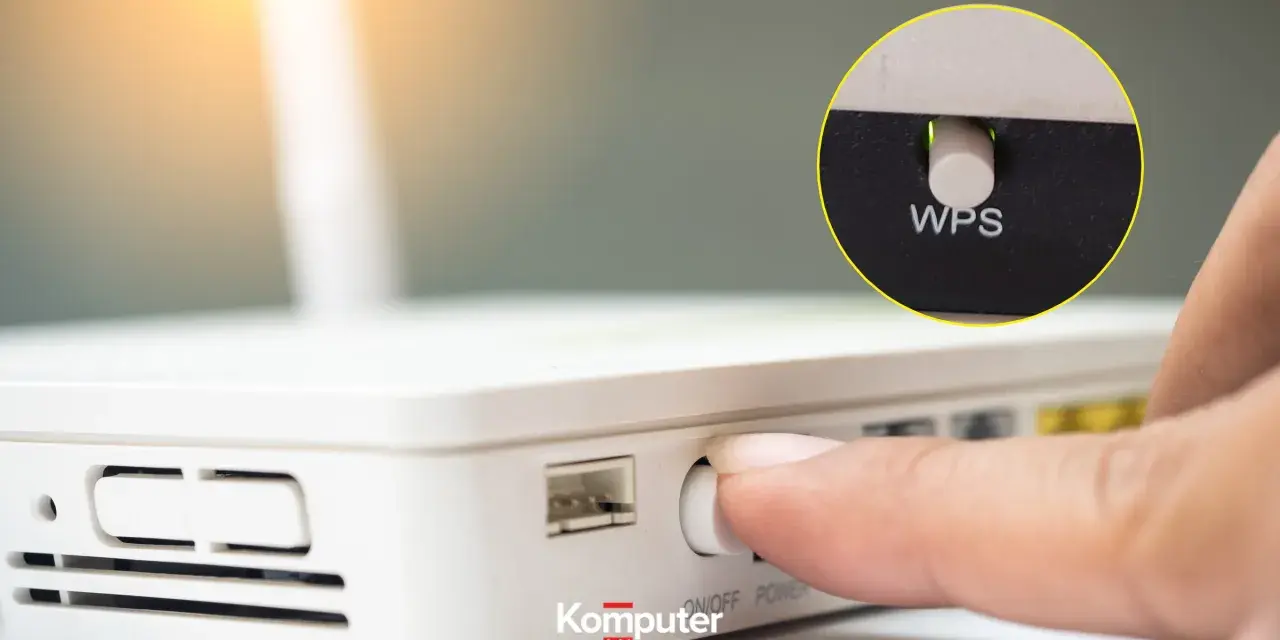 Palec naciska przycisk WPS na routerze, ułatwiając połączenie z siecią Wi-Fi.