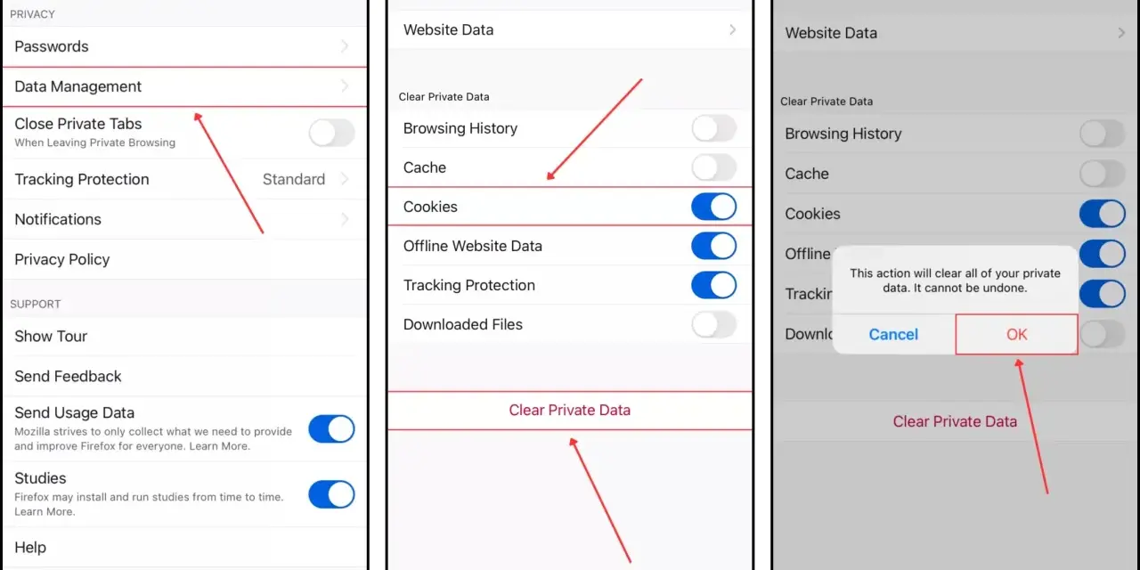Jak usunąć ciasteczka z iPhone: w Ustawieniach przejdź do Zarządzania danymi, włącz opcję Ciasteczka, a następnie potwierdź usunięcie.