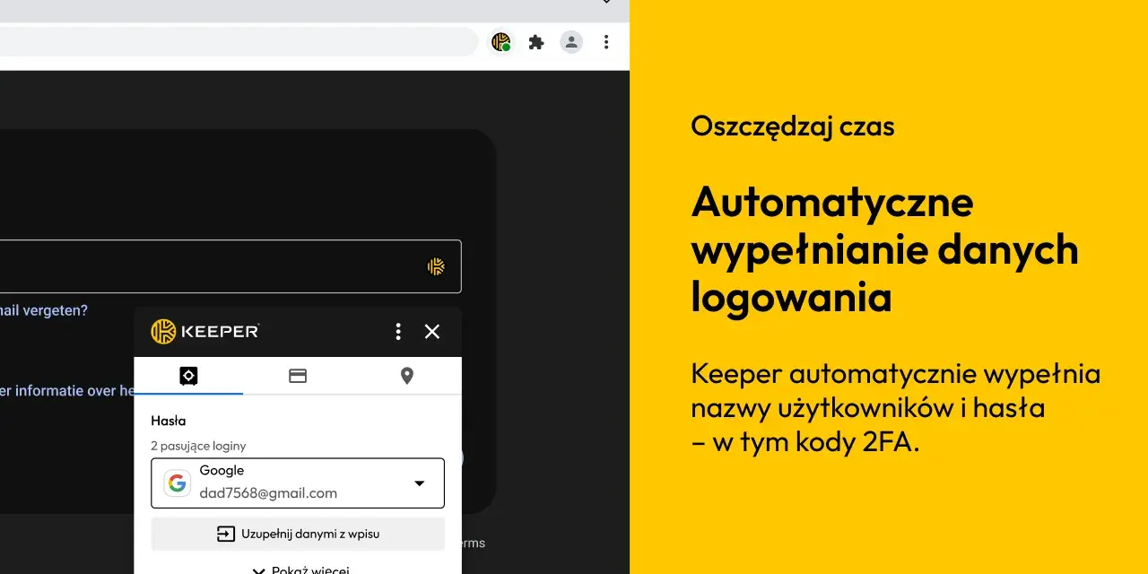 Keeper ułatwia zarządzanie hasłami, automatycznie wypełniając dane logowania do Google i innych serwisów.