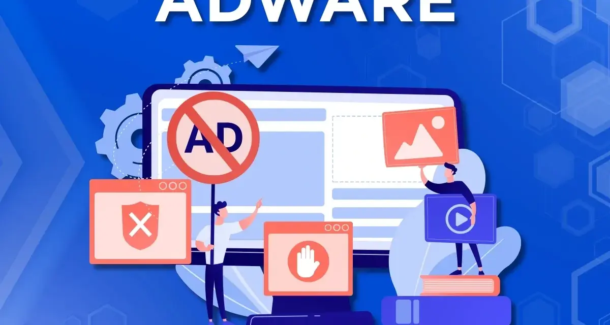 Ilustracja przedstawia walkę z **adware wirusem**. Ludziki blokują reklamy i chronią komputer przed zagrożeniami.