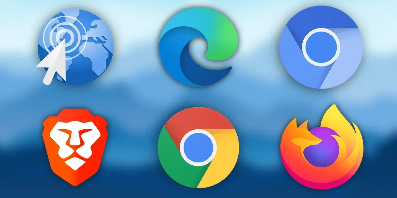 Ikony przeglądarek: Brave, Edge, Chrome, Chrome, Internet Explorer, Firefox. Jaka jest najszybsza przeglądarka?