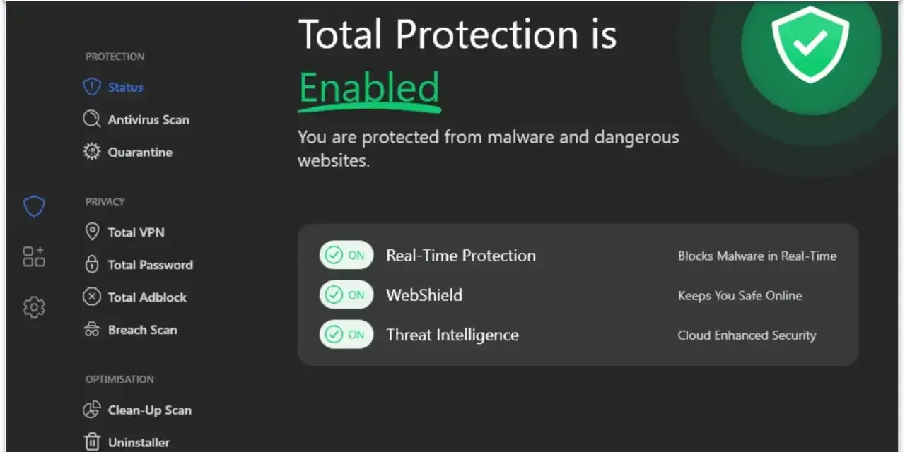 Interfejs programu TotalAV pokazuje, co to jest antywirus: ochrona w czasie rzeczywistym, WebShield i Threat Intelligence.