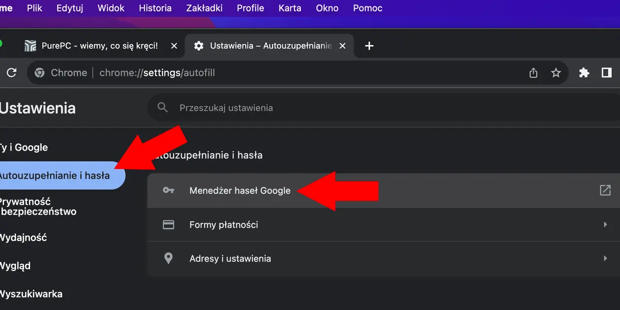 Ustawienia autouzupełniania i haseł w przeglądarce Chrome. Wskazane opcje to "Autouzupełnianie i hasła" oraz "Menedżer haseł Google".