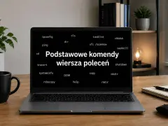 Laptop z wyświetlonymi komendami wiersza poleceń Windows, w tym ping, tracert i traceroute.