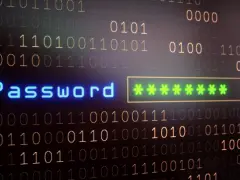 Cyfrowy świat, gdzie "Password" świeci na niebiesko, a gwiazdki symbolizują siłę hasła. Tło to strumień zer i jedynek.
