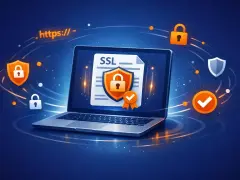 Laptop z dokumentem SSL i ikonami blokady, tarcz i potwierdzenia. Symbolizuje bezpieczeństwo online i protokół **SSL TLS**.