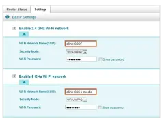 Ustawienia sieci Wi-Fi: nazwy SSID, tryby bezpieczeństwa i hasła dla pasm 2.4 GHz i 5 GHz.