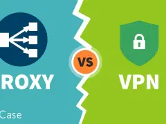Porównanie różnych rodzajów VPN: Proxy vs VPN. Ikona przekierowania ruchu vs ikona tarczy z kłódką.