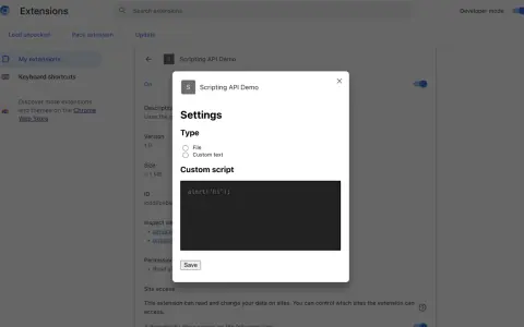 Ustawienia rozszerzenia "Scripting API Demo" w trybie deweloperskim, z polem na własny skrypt, zgodne z manifest v3.