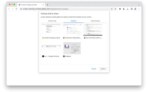 Okno dialogowe Chrome pozwala wybrać, co udostępnić. Widoczne są miniatury kart, w tym "Screen sharing controls" i "Chromium Code Search", przypominające historię przeglądania.