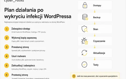 Plan działania po infekcji WordPressa: zabezpiecz dostęp, backup, skanuj, usuń malware (w tym backdoory), aktualizuj i testuj.