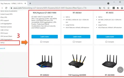 Porównanie routerów z WPA3 i WPA2. Widoczne filtry i modele routerów ASUS.