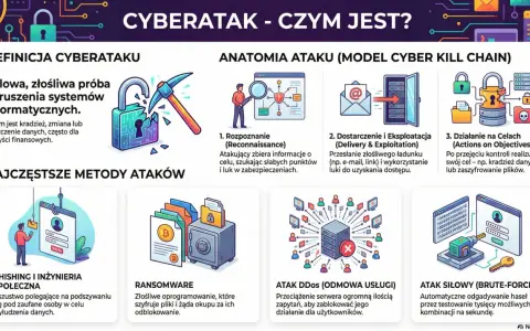 Cyberatak to celowa, złośliwa próba naruszenia systemów informatycznych, często w celu kradzieży danych. Grafika pokazuje jego definicję i metody.