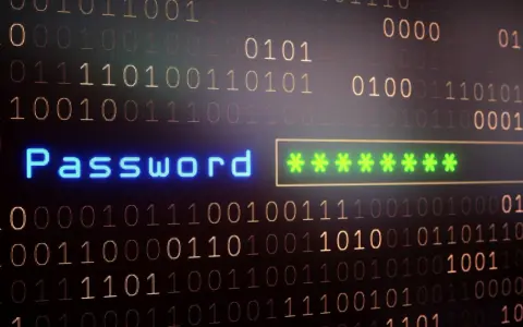 Cyfrowy świat, gdzie "Password" świeci na niebiesko, a gwiazdki symbolizują siłę hasła. Tło to strumień zer i jedynek.