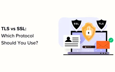 Ilustracja porównująca protokoły SSL i TLS, pokazująca ikony bezpieczeństwa, dane użytkownika i bezpieczne połączenie HTTPS.