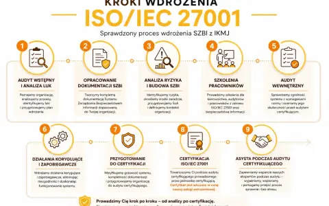 Proces wdrożenia ISO/IEC 27001: od audytu wstępnego, przez dokumentację SZBI, analizę ryzyka, szkolenia, audyty wewnętrzne, działania korygujące, przygotowanie do certyfikacji, aż po sam audyt certyfikujący i asystę.