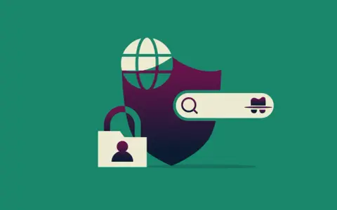 Ilustracja pokazuje, jak używać VPN: globus, tarcza, kłódka i pasek wyszukiwania z ikoną detektywa symbolizują bezpieczeństwo online.
