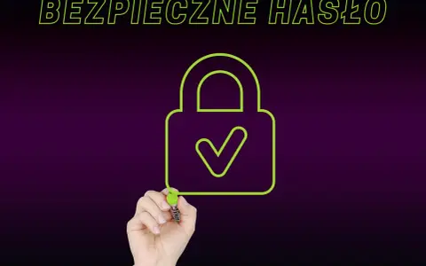 Ręka rysuje zieloną kłódkę z zaznaczeniem, symbolizującą silne hasło. Napis "BEZPIECZNE HASŁO" podkreśla znaczenie ochrony danych.