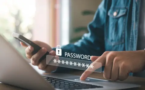 Osoba wpisuje hasło na laptopie, trzymając telefon. To dobry przykład, jak tworzyć silne hasło.
