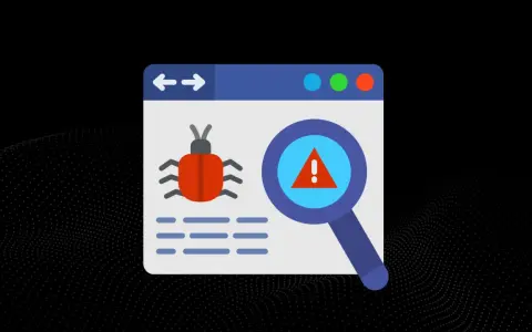 Wykryto wirus internetowy! Czerwony robak na ekranie przeglądarki, lupa z symbolem ostrzeżenia.