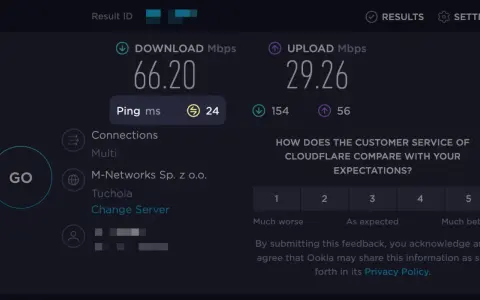 Wynik testu prędkości internetu: ping 24 ms, pobieranie 66.20 Mbps, wysyłanie 29.26 Mbps. Jak sprawdzić ping?