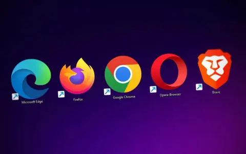 Ikony popularnych rodzajów przeglądarek internetowych: Microsoft Edge, Firefox, Google Chrome, Opera i Brave.