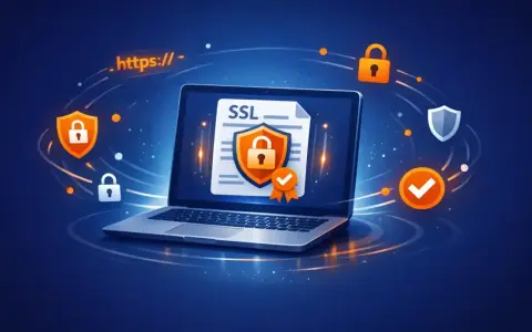 Laptop z dokumentem SSL i ikonami blokady, tarcz i potwierdzenia. Symbolizuje bezpieczeństwo online i protokół **SSL TLS**.