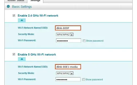 Ustawienia sieci Wi-Fi: nazwy SSID, tryby bezpieczeństwa i hasła dla pasm 2.4 GHz i 5 GHz.