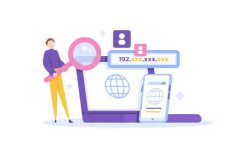 Człowiek z lupą analizuje adres IP na ekranie laptopa i telefonu. Zmiana IP jest kluczowa dla bezpieczeństwa online.