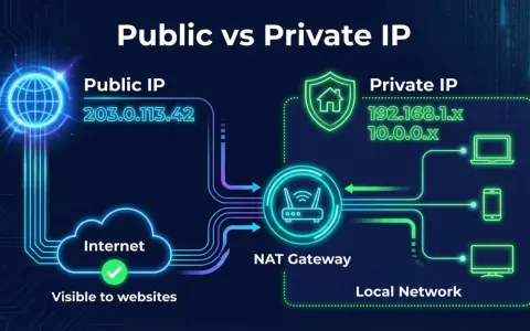 Ilustracja pokazuje, jak sprawdzić IP internetu: publiczne IP jest widoczne dla stron, prywatne IP jest w sieci lokalnej za NAT Gateway.