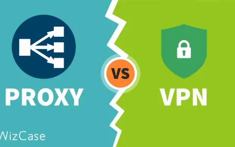 Porównanie różnych rodzajów VPN: Proxy vs VPN. Ikona przekierowania ruchu vs ikona tarczy z kłódką.