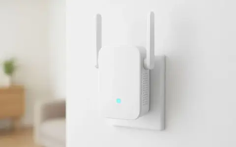 Biały wzmacniacz Wi-Fi z antenkami, podłączony do gniazdka. Pokazuje, jak działa wzmacniacz Wi-Fi, rozszerzając zasięg sieci.