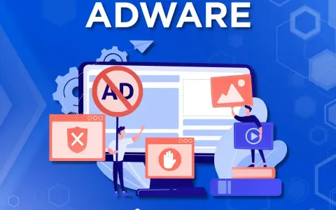 Ilustracja przedstawia walkę z **adware wirusem**. Ludziki blokują reklamy i chronią komputer przed zagrożeniami.