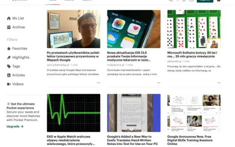 Zapisane strony: artykuły o protestach w Google Maps, aktualizacji iOS, grze Solitaire, EKG w Apple Watch, tłumaczeniu notatek i szkoleniach online.