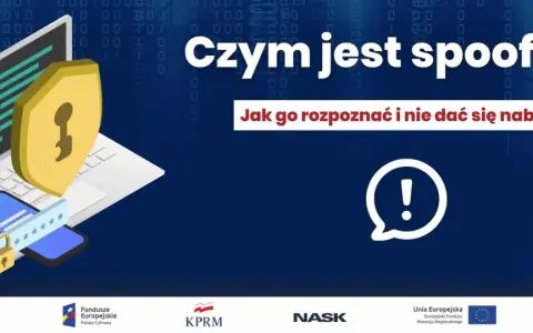 Grafika ilustruje, czym jest spoofing: laptop, telefon, tarcza z kluczem i hasło symbolizują bezpieczeństwo cyfrowe.