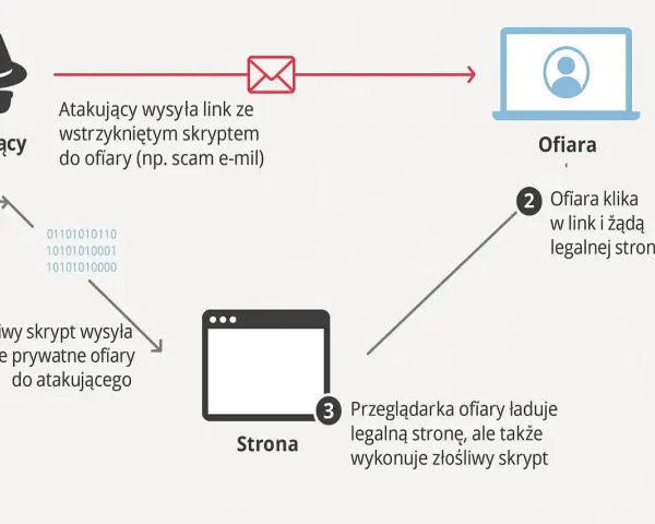 Schemat ataku XSS: atakujący wysyła link ze złośliwym skryptem, ofiara klika, przeglądarka wykonuje skrypt, dane ofiary trafiają do atakującego.