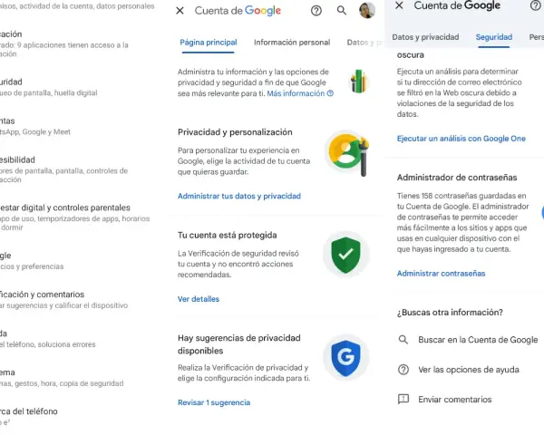 Gdzie są zapisane hasła? Na ekranie "Konto Google" w sekcji "Bezpieczeństwo" znajduje się "Administrator haseł", gdzie masz 158 zapisanych haseł.