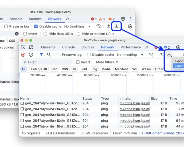 Narzędzie deweloperskie Chrome pokazuje opcję eksportu danych sieciowych. Synchronizacja zakładek Chrome jest kluczowa dla zachowania ustawień.
