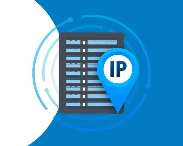 Ikona lokalizacji z napisem IP na tle serwerowni. Symbolizuje publiczny IP i dostęp do sieci.