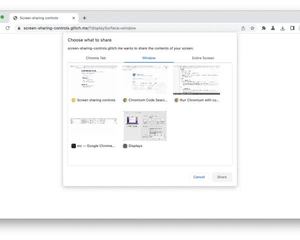 Okno dialogowe Chrome pozwala wybrać, co udostępnić. Widoczne są miniatury kart, w tym "Screen sharing controls" i "Chromium Code Search", przypominające historię przeglądania.