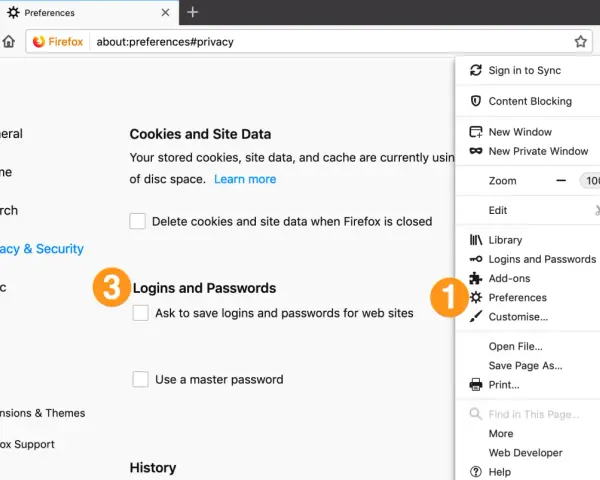 Ustawienia Firefoxa: opcje "Logins and Passwords" i "Preferences" są widoczne. Można tu zarządzać hasłami Google i innymi danymi logowania.