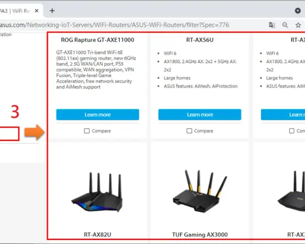 Porównanie routerów z WPA3 i WPA2. Widoczne filtry i modele routerów ASUS.