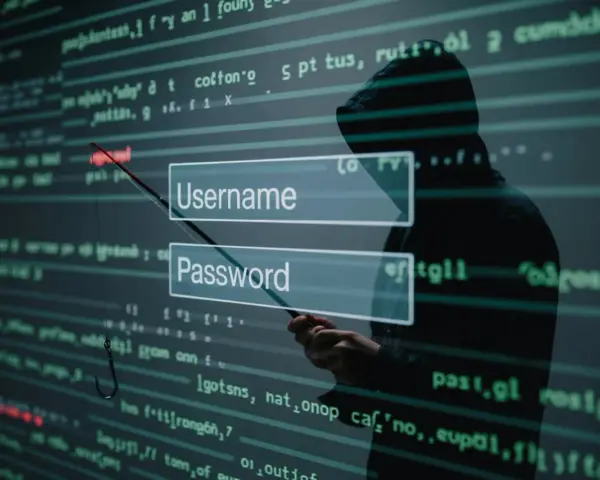 Sylwetka hakera w kapturze celuje wędką z haczykiem w pola logowania "Username" i "Password", symbolizując atak socjotechniczny.