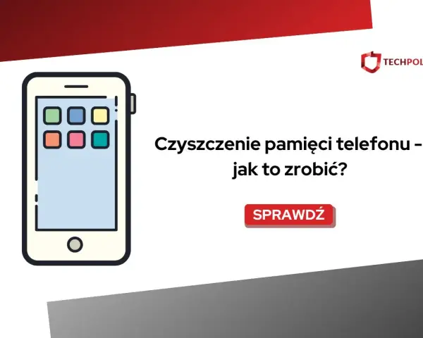 Ilustracja telefonu komórkowego z ikonami aplikacji. Tekst: "Czyszczenie pamięci telefonu – jak to zrobić?". Przycisk "Sprawdź".