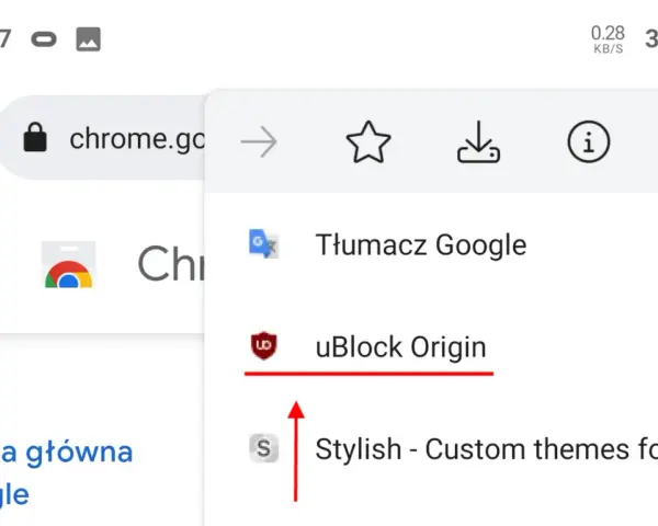 Rozszerzenia Chrome na telefonie: Tłumacz Google, uBlock Origin i Stylish.
