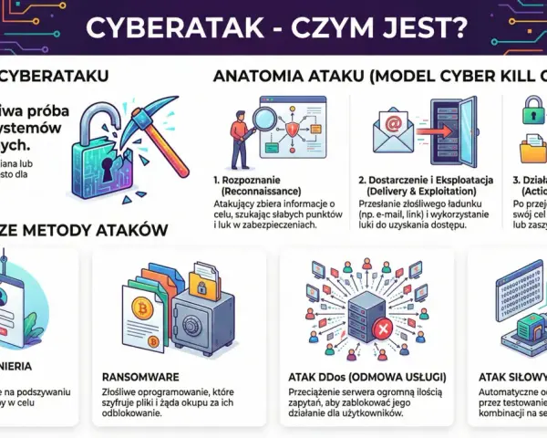 Cyberatak to celowa, złośliwa próba naruszenia systemów informatycznych, często w celu kradzieży danych. Grafika pokazuje jego definicję i metody.