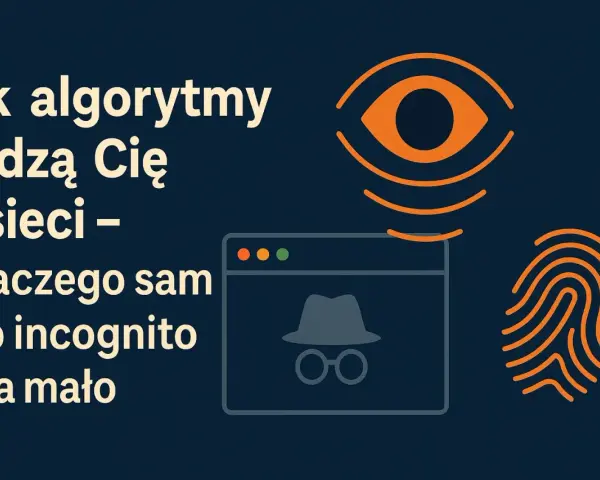 Jak algorytmy śledzą Cię w sieci – dlaczego sam tryb incognito to za mało. Grafika przedstawia oko, okno przeglądarki z symbolem detektywa i odcisk palca.