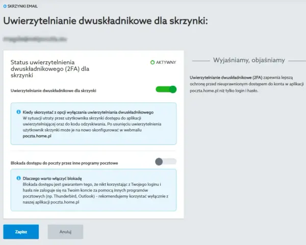 Ustawienia uwierzytelniania dwuskładnikowego (2FA) dla skrzynki pocztowej. Aktywna ochrona konta.