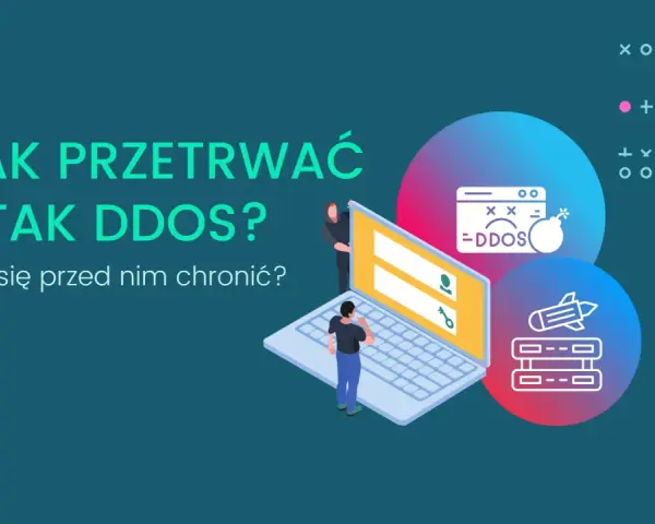 Grafika ilustruje, jak przetrwać atak DDoS. Widzimy laptop z ikoną bomby i napisem "-DDOS", symbolizującą zagrożenie.